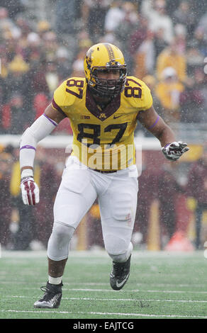 Minneapolis, Minn. Xv Nov, 2014. Minnesota i Gopher manualmente l'estremità Gaelin Elmore (87) è mostrata durante il NCAA Football gioco tra le Università del Minnesota i Gopher e la Ohio State Buckeyes a TCF Bank Stadium di Minneapolis, Minn. Ohio State sconfitto Minnesota 31 - 24. © csm/Alamy Live News Foto Stock