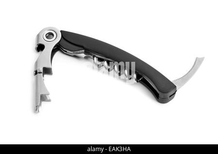 Un coltello sommelier con cavatappi e apribottiglie, su sfondo bianco Foto Stock