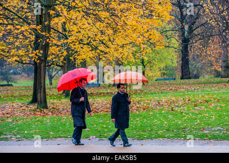 Londra, Regno Unito. 17 Novembre, 2014. Regno Unito meteo. Pendolari a piedi attraverso i colori dell'autunno del parco verde con i propri ombrelli sollevata. Un buon modo per iniziare la settimana. Green Park, London, Regno Unito 17 Nov 2014 Credit: Guy Bell/Alamy Live News Foto Stock