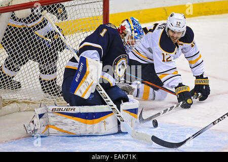 Novembre 11, 2014 St. Louis, MO: St. Louis Blues goalie Brian Elliott (1) arresta il rovescio di colpo da Buffalo Sabres ala destra Brian Gionta (12) durante il terzo periodo di gioco tra il St. Louis Blues e il Buffalo Sabres a Scottrade Center di San Louis, Missouri. Il Blues ha sconfitto le sciabole 6-1. Foto Stock
