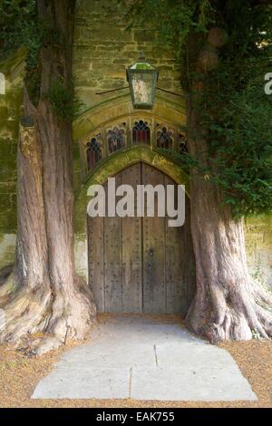 Antica yew alberi che crescono nel portico del Nord, St Edwards Chiesa, Stow-su-il-Wold, Gloucestershire, Cotswolds, England, Regno Unito, GB Foto Stock