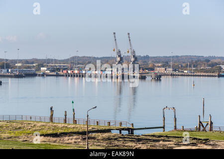 Navigazione commerciale industria: gru e di recipienti e contenitori impilati waterside a Southampton Docks, Hampshire, Regno Unito Foto Stock