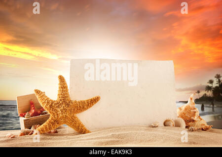 Concetto di estate spiaggia con stelle marine e conchiglie di carta vuoto per il messaggio. Foto Stock