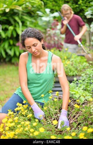 Donna che indossa il serbatoio superiore e guanti da giardinaggio uomo, rastrellando in background Foto Stock