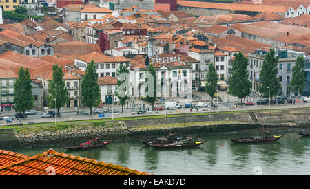 Vista sul fiume Douro o fiume Duero verso il quartiere di Gaia, Vila Nova de Gaia, Cantina Sandeman, Porto, Distretto di Porto Foto Stock