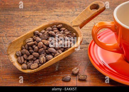 I chicchi di caffè su un rustico scoop di legno contro legno grunge con coppa di gres Foto Stock