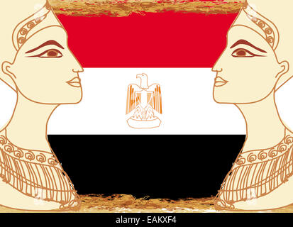 Regina egiziana Cleopatra sullo sfondo della bandiera dell'Egitto Foto Stock