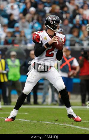 Charlotte, NC, Stati Uniti d'America. Xvi Nov, 2014. Atlanta Falcons quarterback Matt Ryan #2 sembra downfield per un ricevitore in un gioco di NFL contro la Carolina Panthers presso la Bank of America Stadium il 16 novembre 2014 a Charlotte, NC. I falchi sconfitto le pantere 19-17. Margaret Bowles/CSM/Alamy Live News Foto Stock