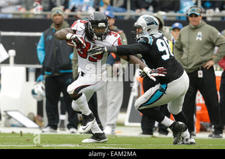 Charlotte, NC, Stati Uniti d'America. Xvi Nov, 2014. Atlanta Falcons running back Steven Jackson #39 bracci rigidi Carolina Panthers difensivo fine Wes Horton #96 presso la Bank of America Stadium il 16 novembre 2014 a Charlotte, NC. I falchi sconfitto le pantere 19-17. Margaret Bowles/CSM/Alamy Live News Foto Stock