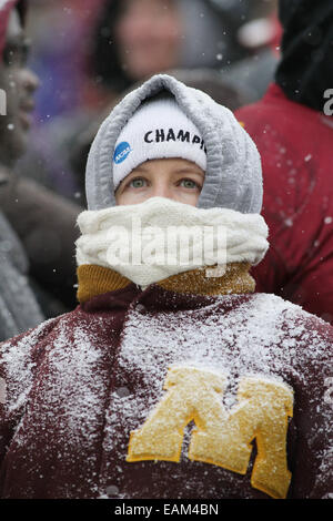 Minneapolis, Minn. Xv Nov, 2014. Un Minnesota i Gopher ventola tenta di stare al caldo durante il NCAA Football gioco tra le Università del Minnesota i Gopher e la Ohio State Buckeyes a TCF Bank Stadium di Minneapolis, Minn. Ohio State sconfitto Minnesota 31 - 24. © csm/Alamy Live News Foto Stock