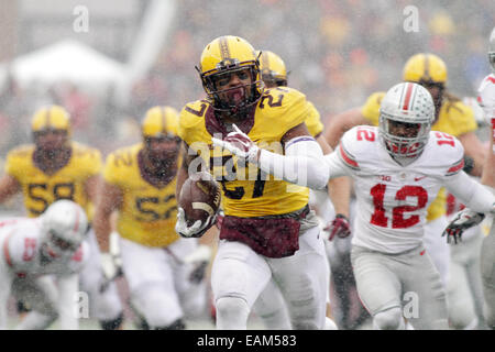 Minneapolis, Minn. Xv Nov, 2014. Minnesota i Gopher running back David Cobb (27) prende il largo su un touchdown eseguito durante il NCAA Football gioco tra le Università del Minnesota i Gopher e la Ohio State Buckeyes a TCF Bank Stadium di Minneapolis, Minn. © csm/Alamy Live News Foto Stock