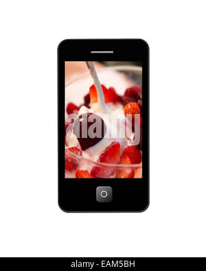 Telefono cellulare con immagine di gelato isolati su sfondo bianco