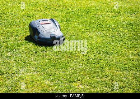 Un manipolatore robotico tosaerba lavorando su un prato verde campo Foto Stock