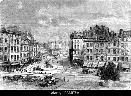 Piazza del Popolo in Saint-Étienne, vintage illustrazioni incise. Journal des Voyages, viaggio ufficiale, (1879-80). Foto Stock