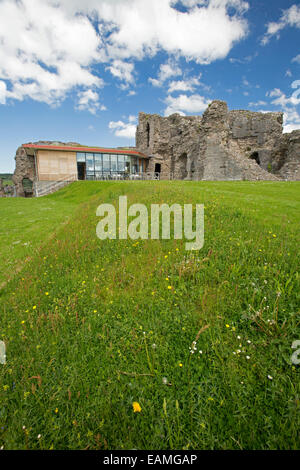 Rovine del XIII secolo il castello di Denbigh accanto al moderno centro visitatori con erba freckled con fiori selvaggi & sotto il cielo blu, il Galles Foto Stock