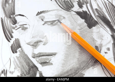 Disegno di una ragazza dalla matita di grafite Foto Stock