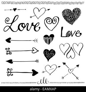 L'inchiostro disegnati a mano doodle amore set. Penna tracciata di cuore, cuore di linea e frecce. Il giorno di San Valentino elementi. Illustrazione. Foto Stock