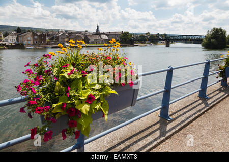 Vista sul Fiume Mosa a Vireux-Wallerand da Vireux-Molhain, Ardenne, Francia Foto Stock