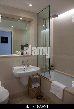 Lavandino accanto al bagno con doccia nel bagno appartamento, Hampton Wick, Londra Foto Stock