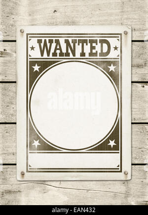 Manifesto Wanted su un legno bianco pannello scheda Foto Stock