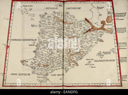 Spagna & Isole Baleari da 'Cosmographia' da Claudio Tolomeo (Ptolemaeus) (90-168AD). Vedere la descrizione per maggiori informazioni. Foto Stock