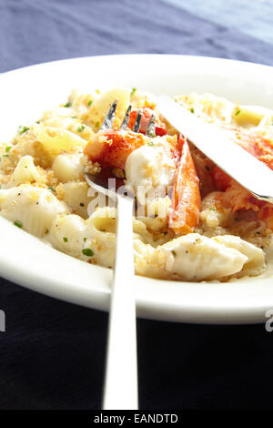 Lobster Mac e formaggio in una piastra bianca e blu navy tovaglia Foto Stock