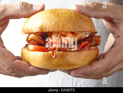 Aragosta principale BLT tomato mayo su una brioche rotolo su una piastra bianca con catchup e patatine fritte persona tenendolo Foto Stock