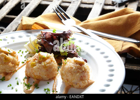 Astice e frittelle di gamberetti con insalata verde su una piastra bianca Foto Stock