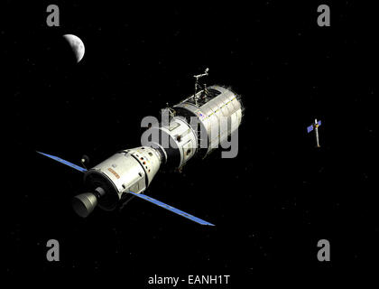 Un orbitale con equipaggio piattaforma di manutenzione (OMP) approcci di NASA Chandra X-Ray observatory per la riparazione e l'aggiornamento. Chandra è una spa Foto Stock