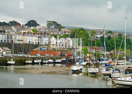 Barche ormeggiate a bassa marea in porto a Caernarfon, Galles, con case e alberi sulla collina nelle vicinanze Foto Stock