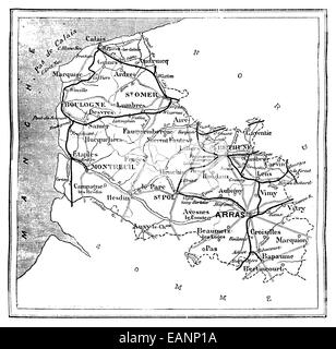 Mappa del dipartimento di Pas-de-Calais, vintage illustrazioni incise. Journal des Voyages, viaggio ufficiale, (1879-80). Foto Stock