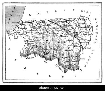 Mappa del Dipartimento dei Pirenei inferiore, vintage illustrazioni incise. Journal des Voyages, viaggio ufficiale, (1880-81). Foto Stock