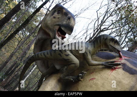 Deinonychus predatoria attaccando un Iguanodon (Cretaceo era) realistiche e di dino statue Dinopark Zoo di Amersfoort, Paesi Bassi Foto Stock