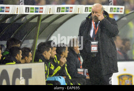 Vigo, Galizia, Spagna. Xviii Nov, 2014. Calcio internazionale amichevole. Spagna il capo allenatore Vicente del Bosce reagisce durante l'amichevole internazionale partita di calcio, Spagna contro Germania al Estadio Balaidos a Vigo, Spagna, 18 novembre 2014. Credito: Azione Sport Plus/Alamy Live News Foto Stock