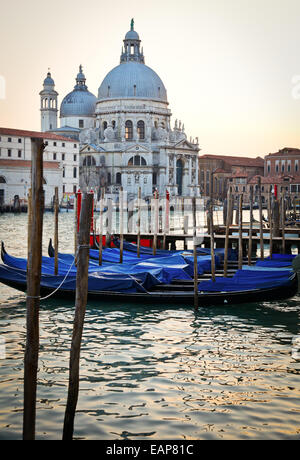 Gondole e la Basilica di Santa Maria della Salute a Venezia, Italia Foto Stock