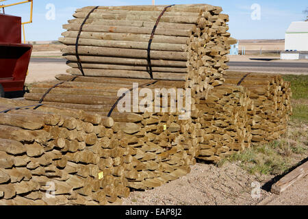 Pali di recinzione in legno poli ad un mulino Saskatchewan Canada Foto Stock