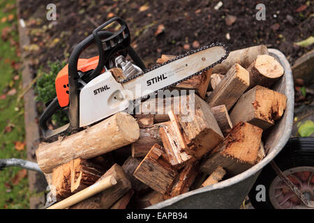 Sega a nastro e un mucchio di tagliare il legno interno log in una carriola calza fino sul carburante invernale Foto Stock