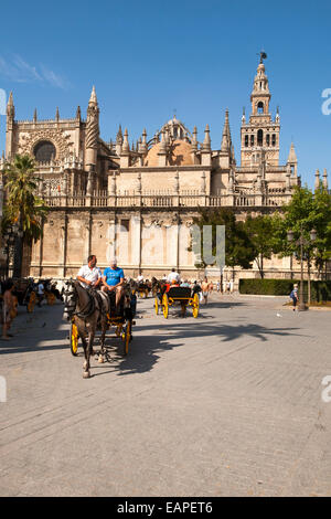 A cavallo e in carrozza per turisti nella storica zona centrale vicino alla cattedrale, a Siviglia, Spagna Foto Stock