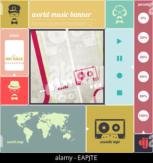 Musica infographics banner con cassetta a nastro icona, mappa del mondo, poster modello. vettore design di sfondo Foto Stock