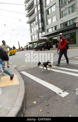 Giovane uomo ,indossa una giacca rossa, attraversare una strada con il suo cane al guinzaglio Foto Stock