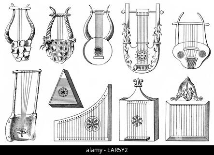 Varie forme di Lira, antichi strumenti a corda dalla Grecia antica, l'impero romano e in Africa, verschiedene Formen der Foto Stock
