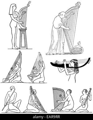 I musicisti di antichità greco antico di arpe e flauti, Musiker in der Antike, Altgriechische Harfen und Flöten Foto Stock