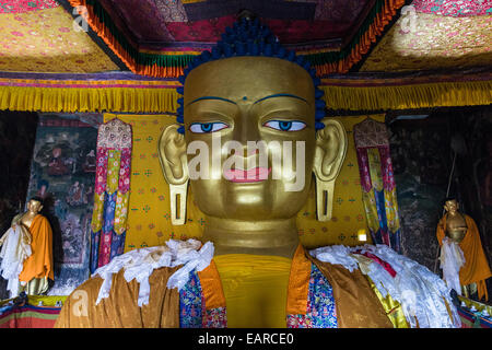 Statua del Buddha Shakyamuni, il rame con oro dorato, 12 metri di altezza, in Shey Gompa, costruito nel 1655, Ladakh Foto Stock