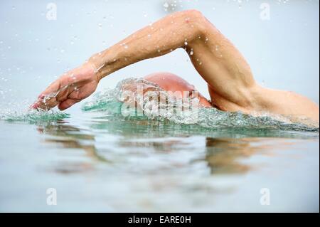 L'uomo, inizio 40s, nuoto il crawl attraverso il mare Foto Stock