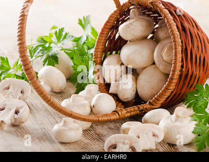 Funghi su una tavola di legno in un cestello. Messa a fuoco selettiva Foto Stock