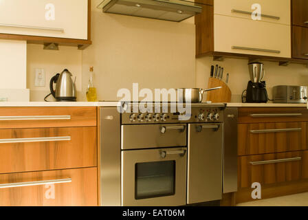 Cucina moderna con unità in legno e forno di gamma Foto Stock