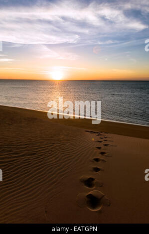 Footprints conducono una duna di sabbia al tramonto di un oceano deserta spiaggia. Foto Stock