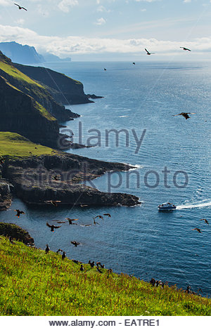 Un traghetto si avvicina le scogliere di una pittoresca isola. Foto Stock