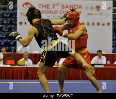 Jakarta, Indonesia. Xx Nov, 2014. Zhu Yangtao (R) della Cina e Van Bau a del Vietnam competere durante l'uomo Sanda 56kg del 7° Sanda di Coppa del Mondo a Jakarta, Indonesia, nov. 20, 2014. Zhu Yangtao ha vinto 2-0. © Egli Changshan/Xinhua/Alamy Live News Foto Stock