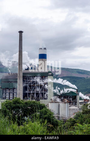 Fumo e vapore belch inquinamento da camini in una cartiera. Foto Stock